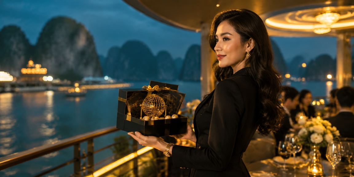 Cảnh Hạ Long Bay và người chơi xổ số lottery trên điện thoại